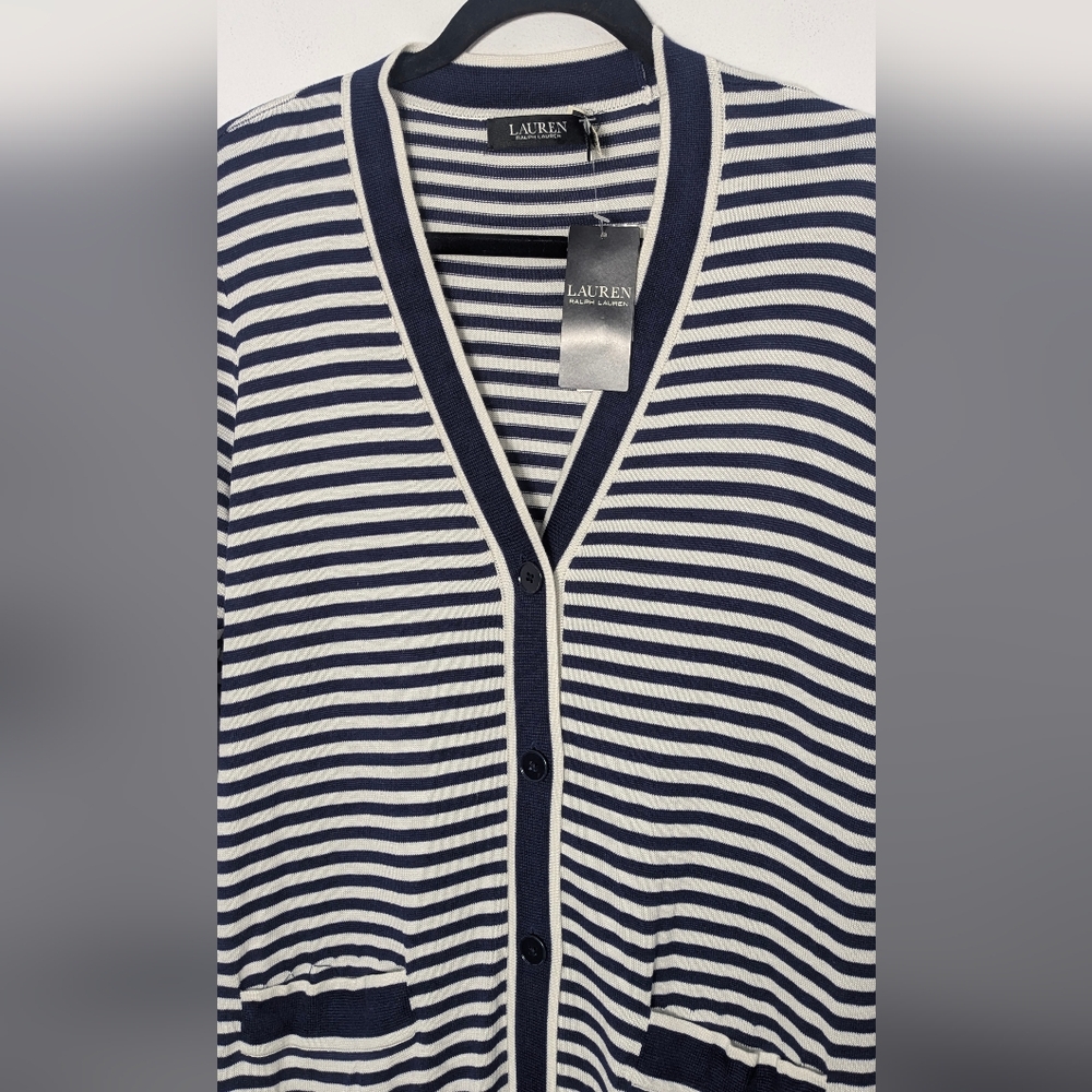 NWT Lauren Ralph Lauren Long Striped Silk Blend Cardigan Navy Nautical Size L - Picture 7 of 16